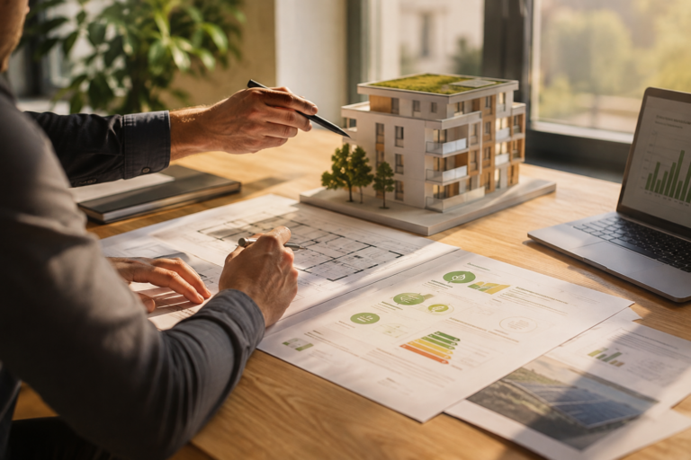 Ein klimafreundlicher Neubau zeichnet sich unter anderem aus durch: eine hochwertige Gebäudehülle mit sehr guter Wärmedämmung moderne Fenster mit geringen Wärmeverlusten den Einsatz erneuerbarer Energien eine effiziente Heiztechnik, beispielsweise Wärmepumpen eine luftdichte Bauweise einen möglichst niedrigen Primärenergiebedarf die Vorbereitung für Photovoltaik, Batteriespeicher und Ladeinfrastruktur